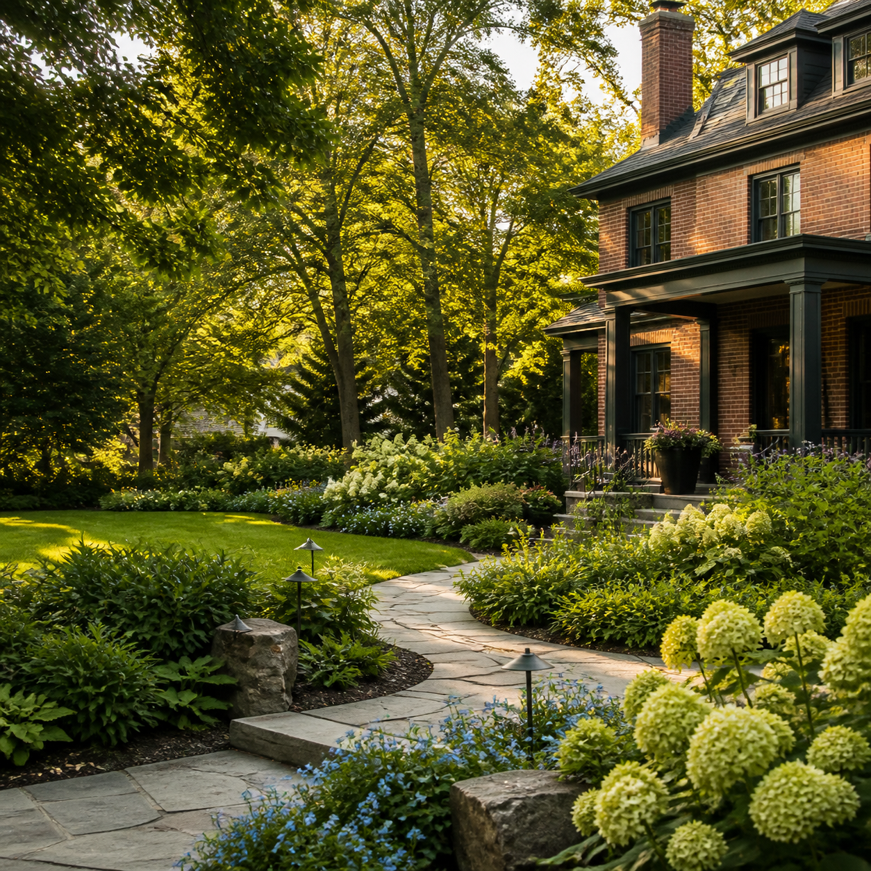 Professionally landscaped Saint Paul home with native plantings and a stone walkway