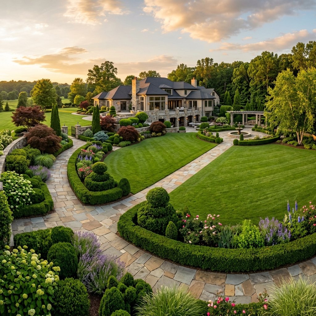 Golden hour landscape design with stone pathways