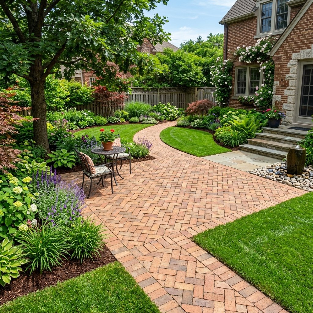 Custom brick patio surrounded by vibrant green plants