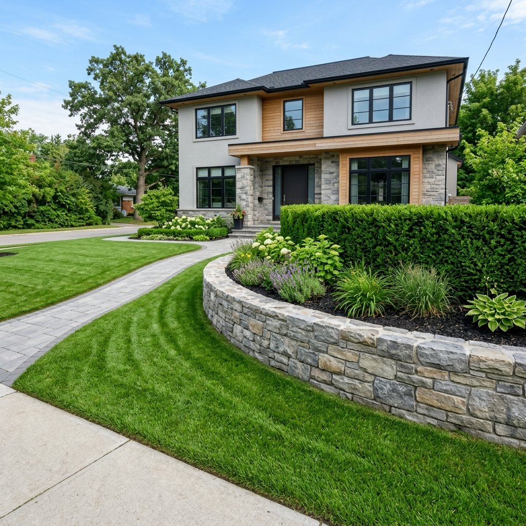 Stone retaining wall with manicured front yard